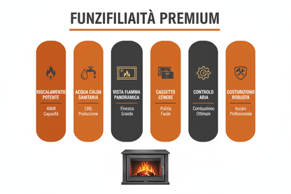 Inserto Camino a Legna Thermolux TZAKI40 40kW Premium - Finestra Panoramica 120L Certificato CE Made in Italy