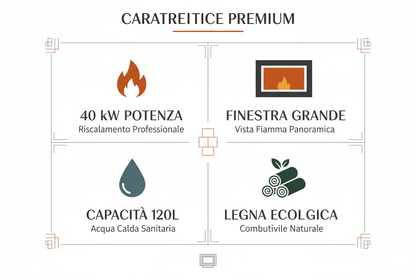 Inserto Camino a Legna Thermolux TZAKI40 40kW Premium - Finestra Panoramica 120L Certificato CE Made in Italy